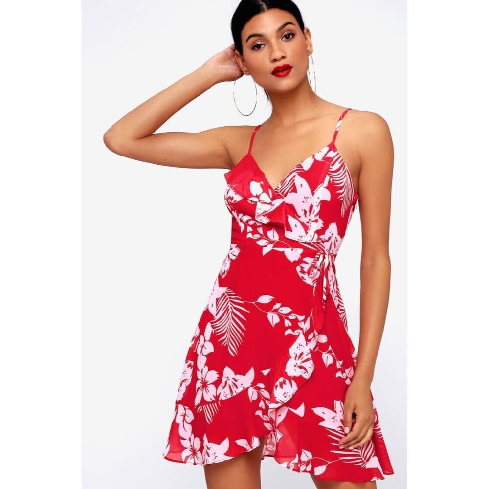 Lulu's Red & White Floral Ruffle Wrap Mini Dress